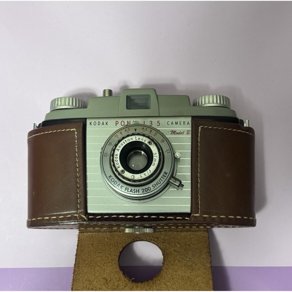 Vintage Kodak Pony 135 35mm Film Camera Silver w Leather Case Mid Century